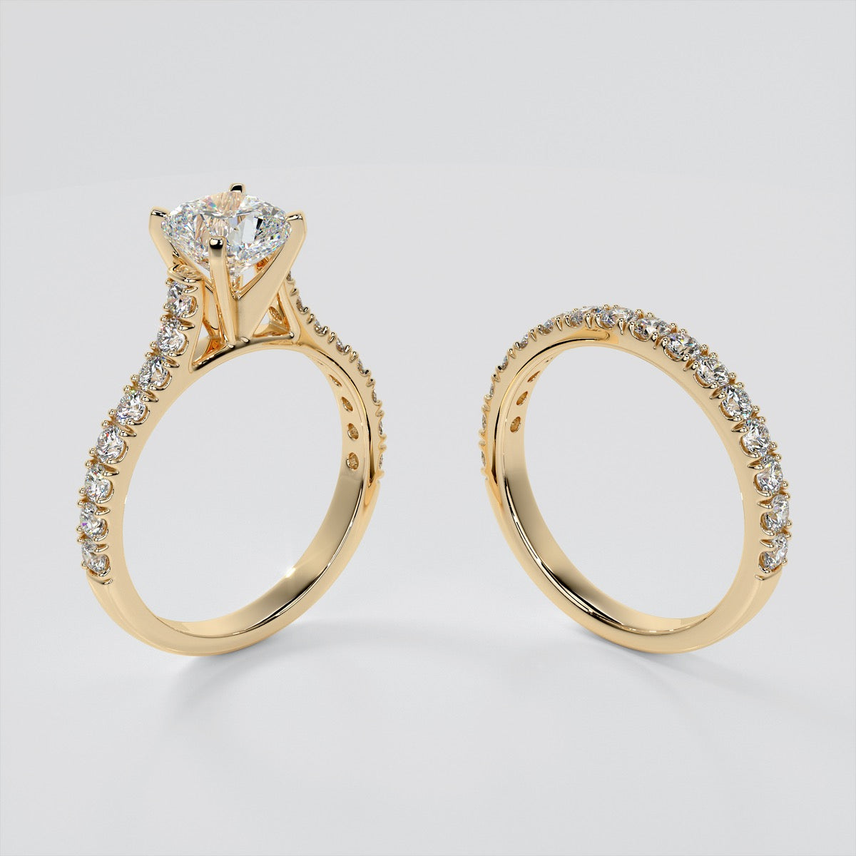 Lab grown Diamond Cushion Cut Cathedral Scallop Style Engagement Ring With Accents