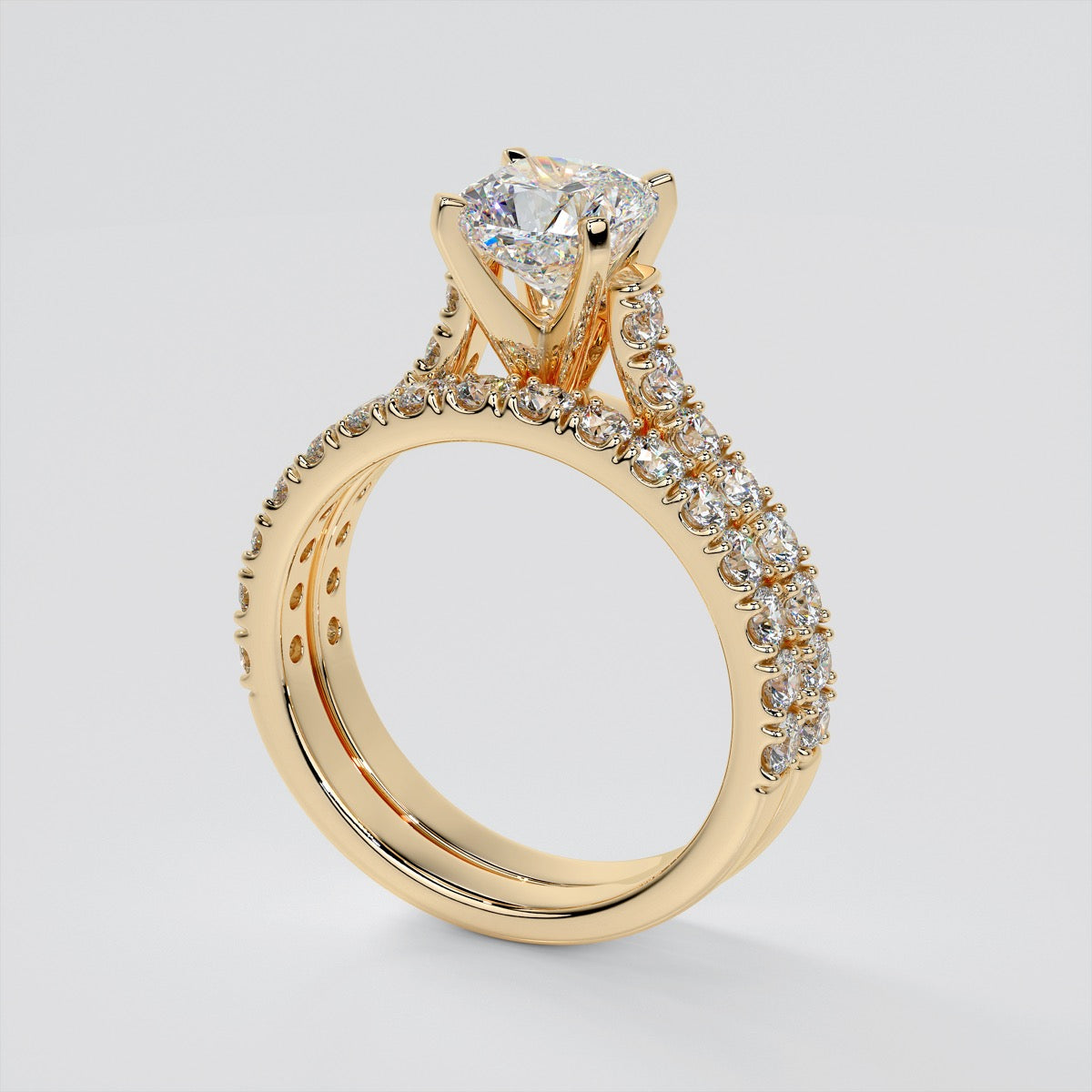 Cushion Cut Cathedral Scallop Style Engagement Ring With Accents