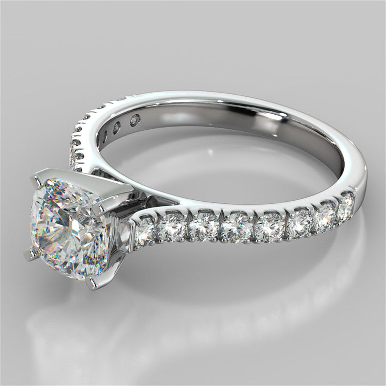 Lab grown Diamond Cushion Cut Cathedral Scallop Style Engagement Ring With Accents