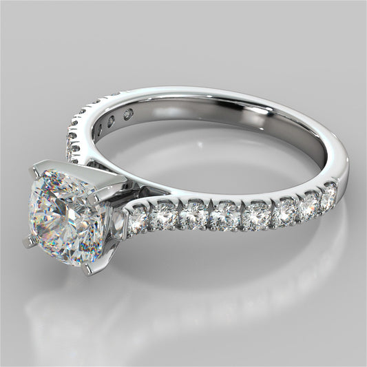 Cushion Cut Cathedral Scallop Style Engagement Ring With Accents