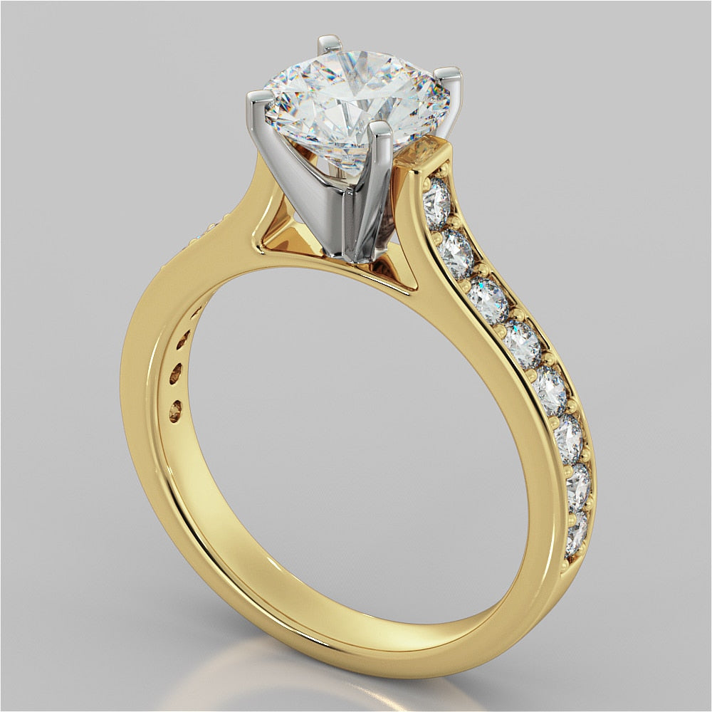 Round Cut Cathedral Style Channel Engagement Ring With Accents