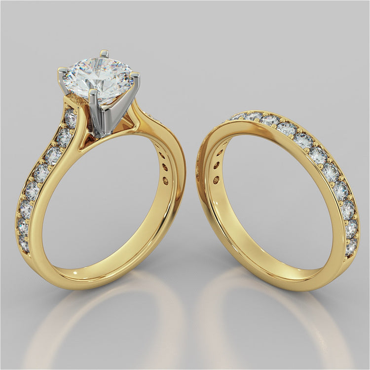 Round Cut Cathedral Style Channel Engagement Ring With Accents