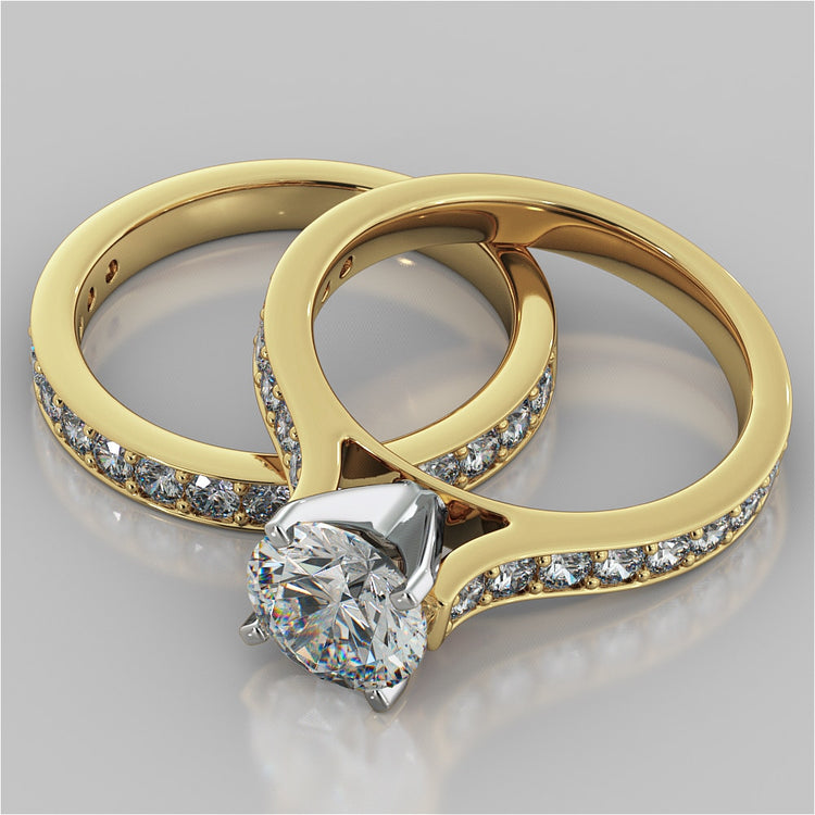 Lab Grown Diamond Round Cut Cathedral Style Channel Engagement Ring With Accents