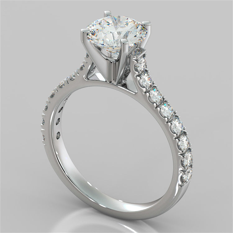 Round Cut Cathedral Scallop Style Engagement Ring With Accents