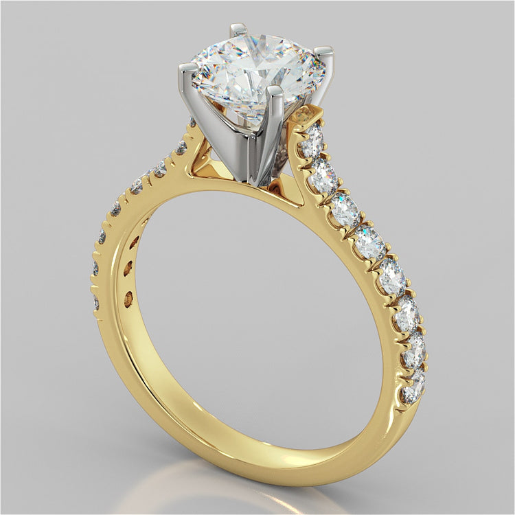 Round Cut Cathedral Scallop Style Engagement Ring With Accents