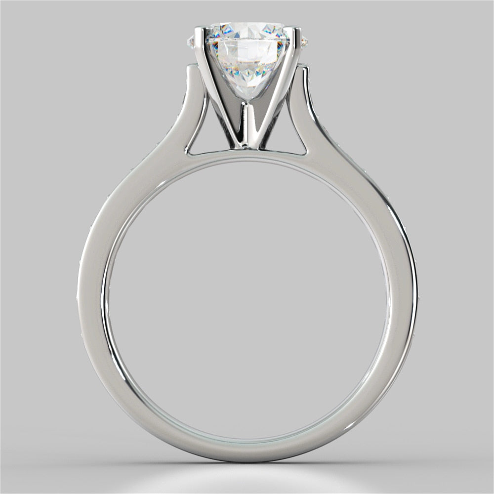 Round Cut Cathedral Style Channel Engagement Ring With Accents