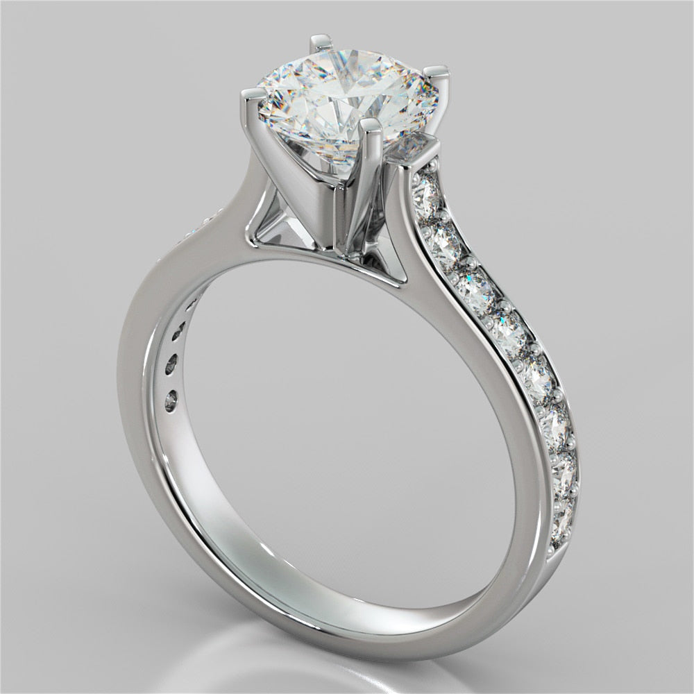 Round Cut Cathedral Style Channel Engagement Ring With Accents