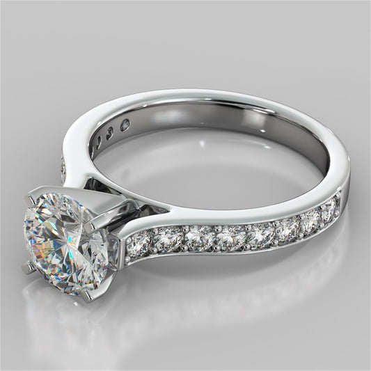 Round Cut Cathedral Style Channel Engagement Ring With Accents