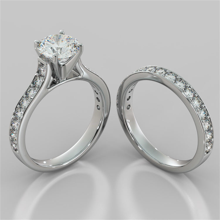 Lab Grown Diamond Round Cut Cathedral Style Channel Engagement Ring With Accents