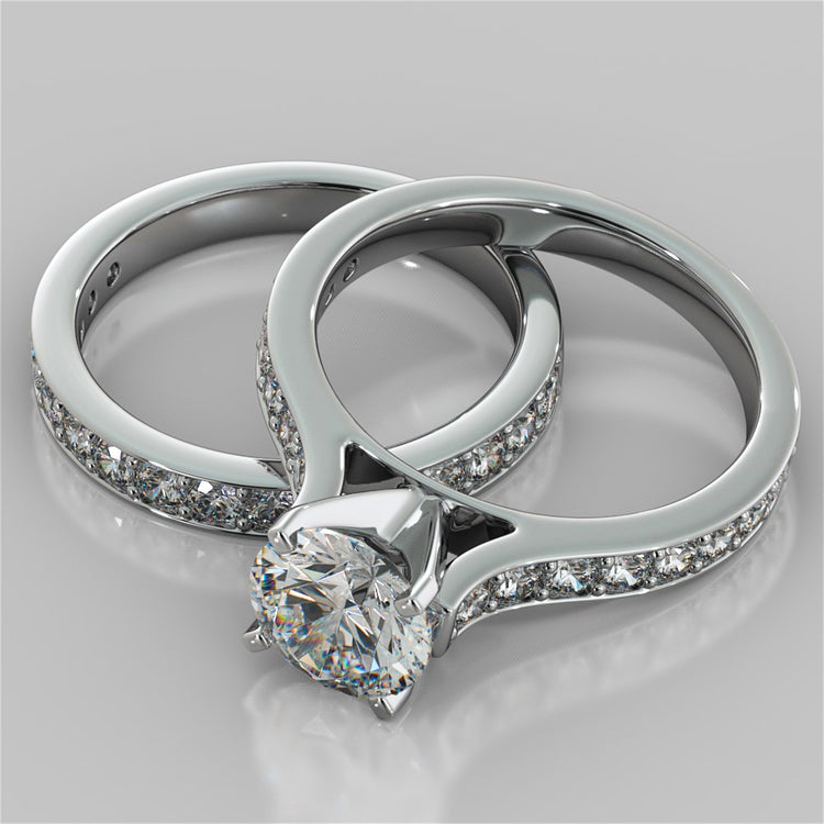 Lab Grown Diamond Round Cut Cathedral Style Channel Engagement Ring With Accents