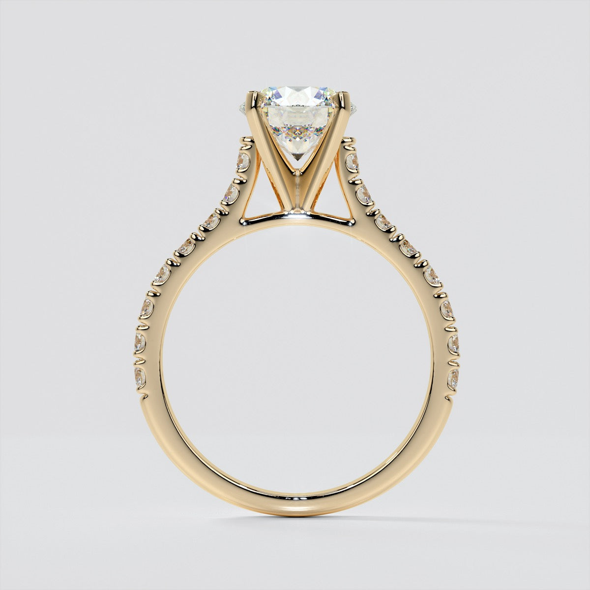 Round Cut Cathedral Scallop Style Engagement Ring With Accents