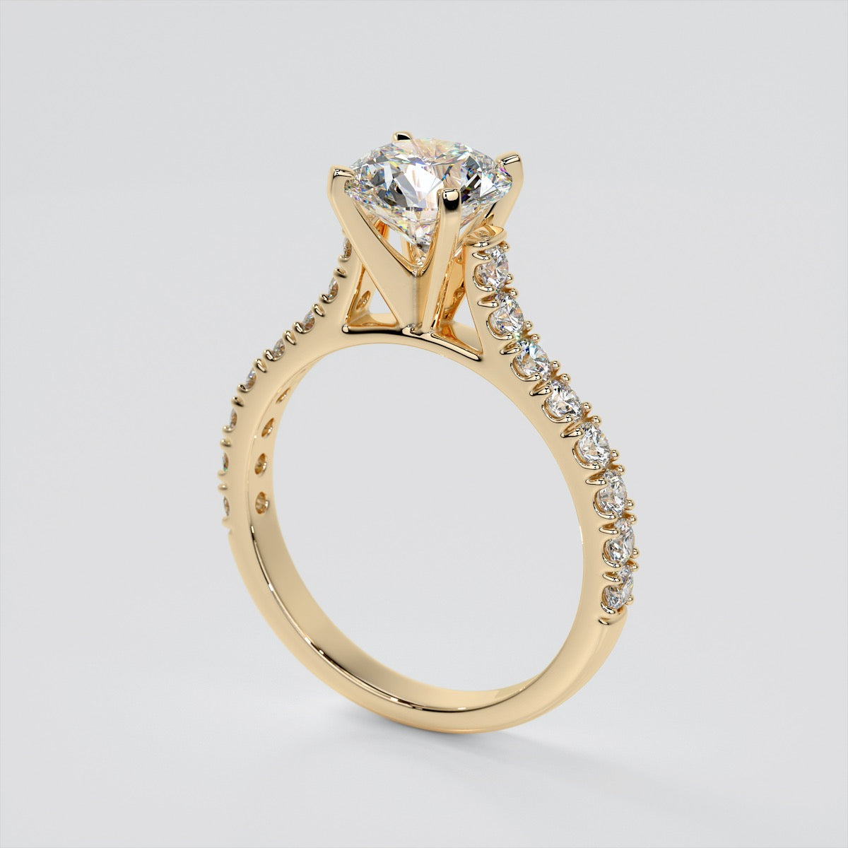 Round Cut Cathedral Scallop Style Engagement Ring With Accents