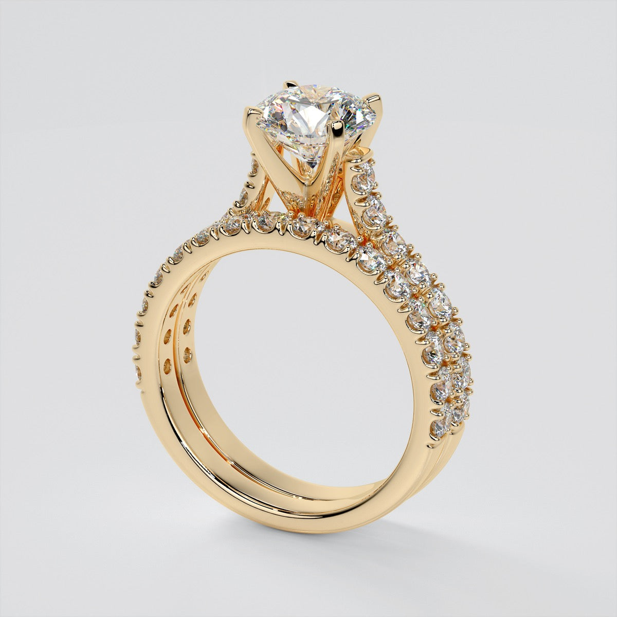 Round Cut Cathedral Scallop Style Engagement Ring With Accents