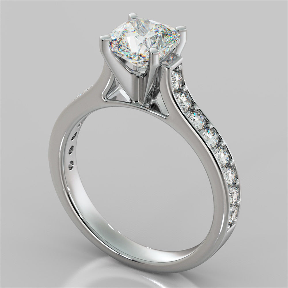 Cushion Cut Cathedral Style Channel Engagement Ring With Accents