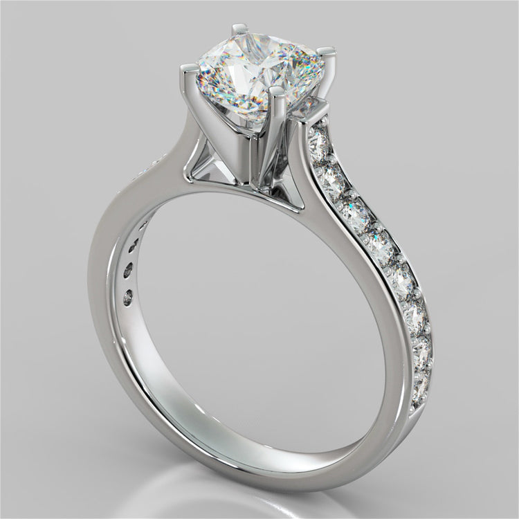 Lab Grown Diamond Cushion Cut Cathedral Style Channel Engagement Ring With Accents