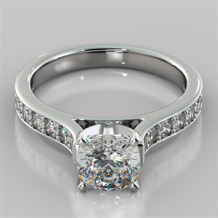 Lab Grown Diamond Cushion Cut Cathedral Style Channel Engagement Ring With Accents