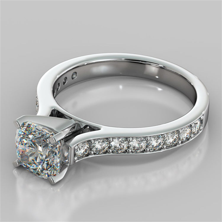 Cushion Cut Cathedral Style Channel Engagement Ring With Accents