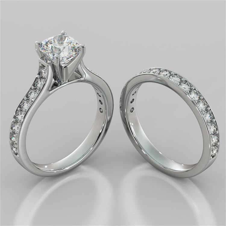 Cushion Cut Cathedral Style Channel Engagement Ring With Accents