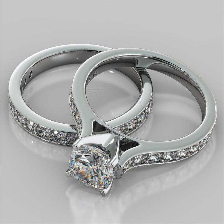 Lab Grown Diamond Cushion Cut Cathedral Style Channel Engagement Ring With Accents