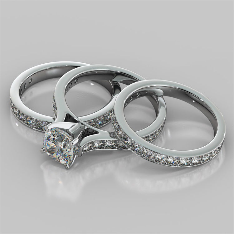 Lab Grown Diamond Cushion Cut Cathedral Style Channel Engagement Ring With Accents