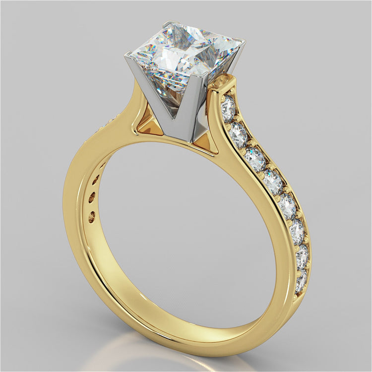 Lab Grown Diamond Princess Cut Cathedral Style Channel Engagement Ring With Accents