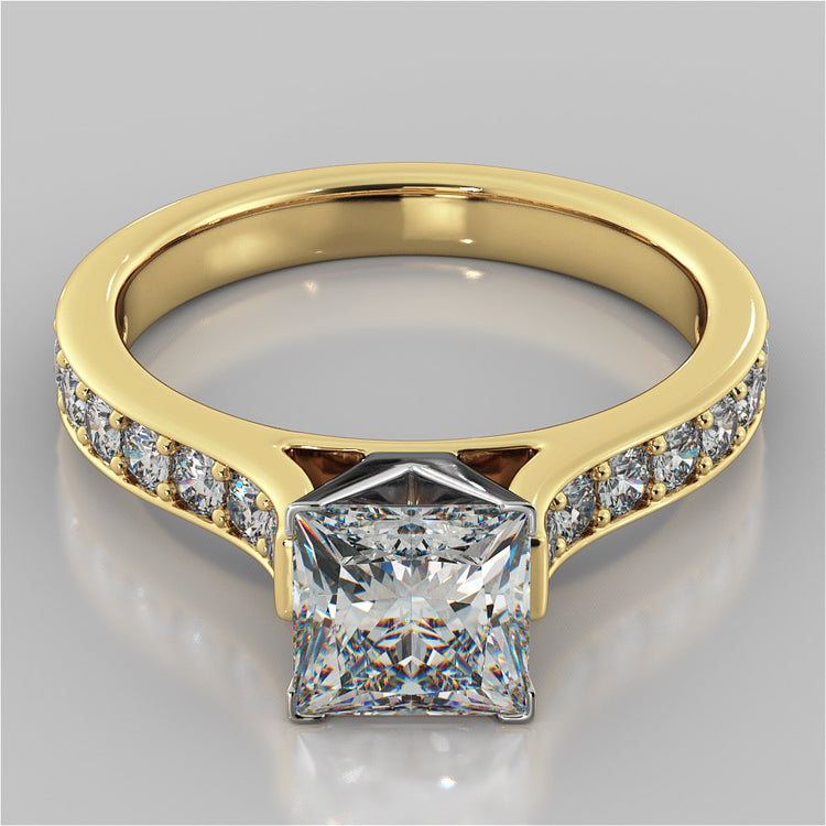 Lab Grown Diamond Princess Cut Cathedral Style Channel Engagement Ring With Accents