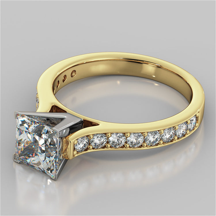 Princess Cut Cathedral Style Channel Engagement Ring With Accents