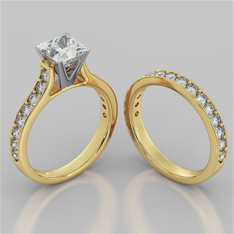 Princess Cut Cathedral Style Channel Engagement Ring With Accents