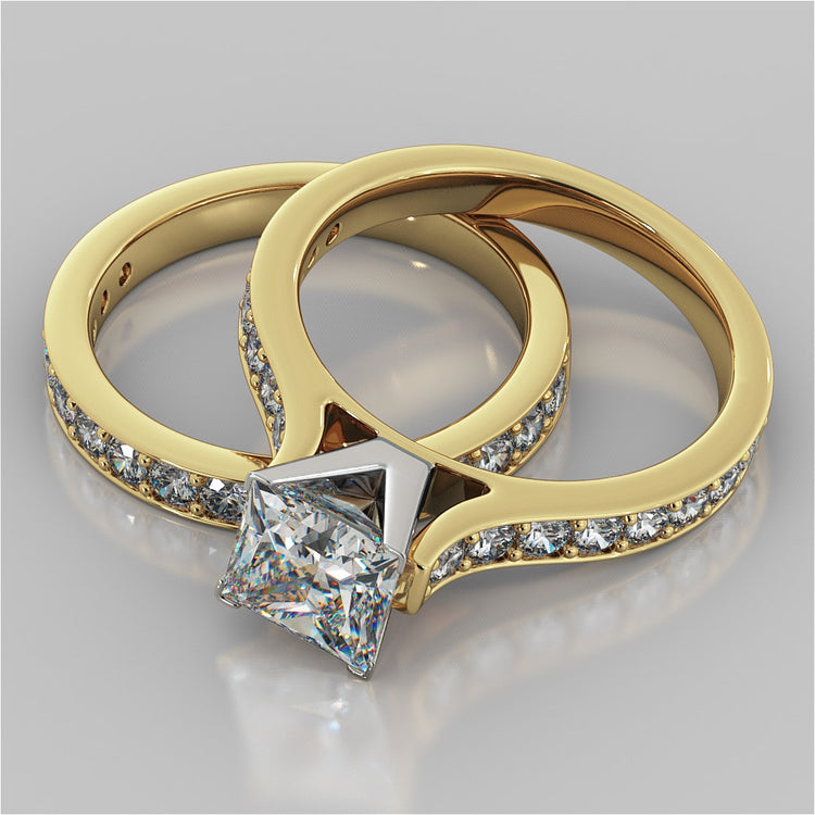 Princess Cut Cathedral Style Channel Engagement Ring With Accents