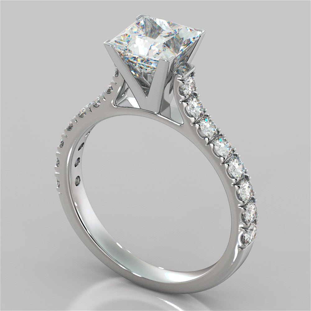 Princess Cut Cathedral Scallop Style Engagement Ring With Accents