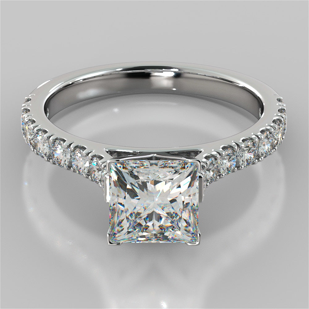 Princess Cut Cathedral Scallop Style Engagement Ring With Accents