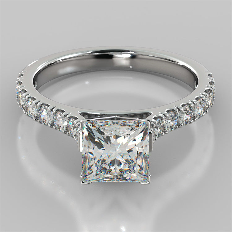 Lab Grown Diamond Princess Cut Cathedral Scallop Style Engagement Ring With Accents