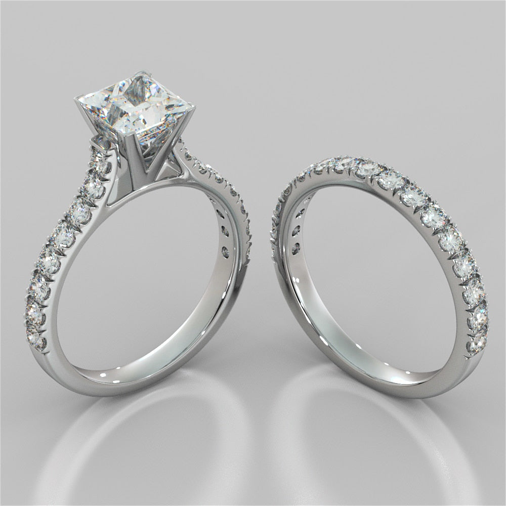 Princess Cut Cathedral Scallop Style Engagement Ring With Accents