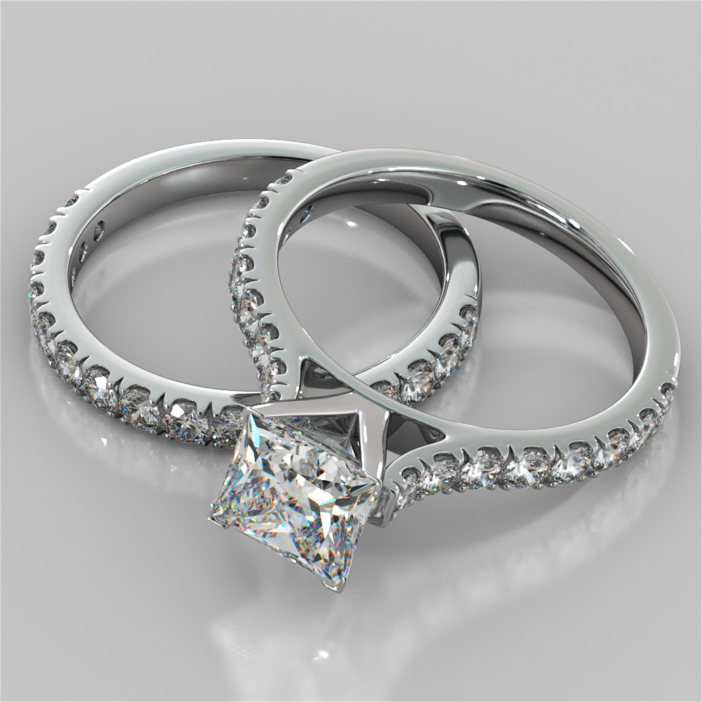Princess Cut Cathedral Scallop Style Engagement Ring With Accents