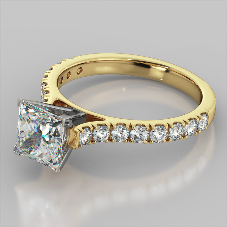 Lab Grown Diamond Princess Cut Cathedral Scallop Style Engagement Ring With Accents