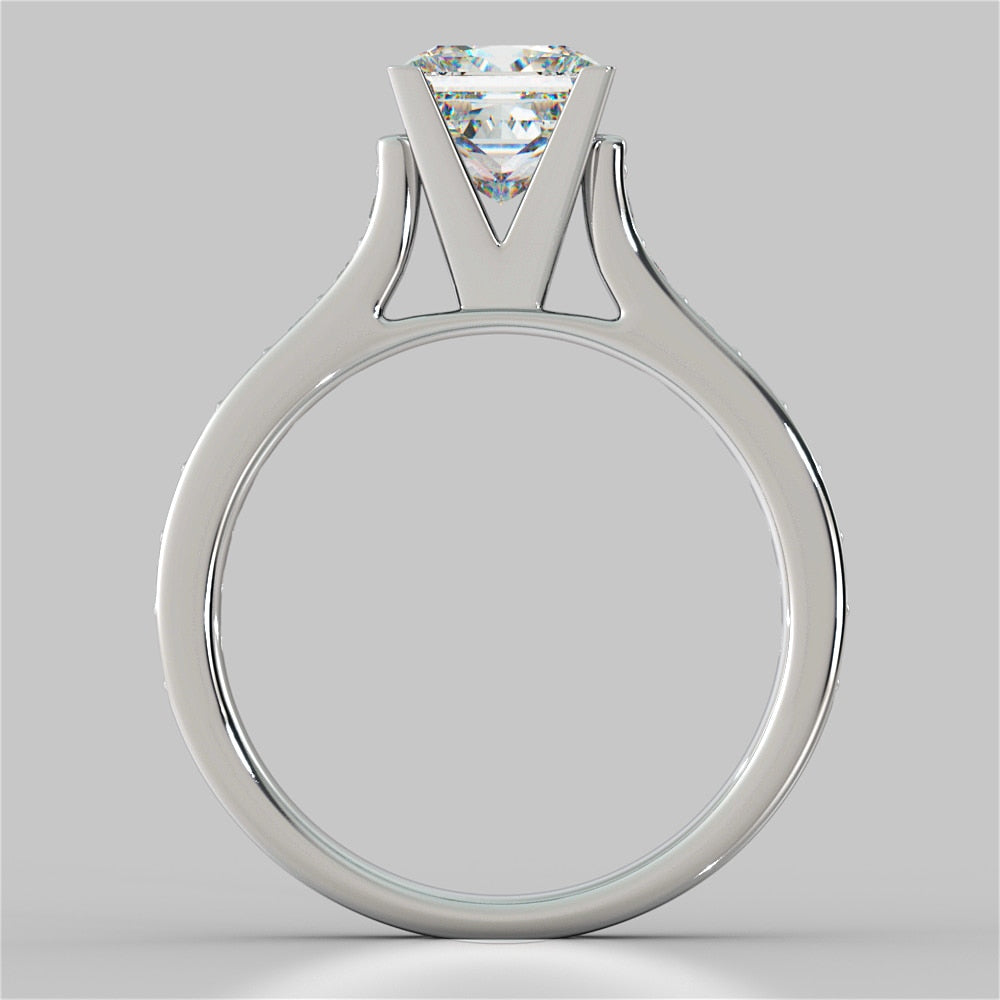 Lab Grown Diamond Princess Cut Cathedral Style Channel Engagement Ring With Accents