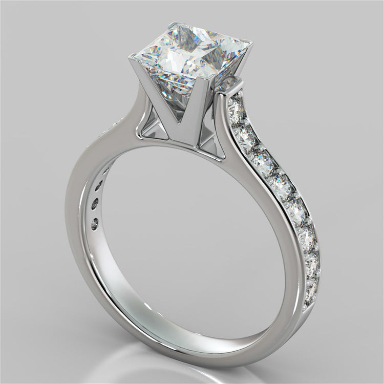 Lab Grown Diamond Princess Cut Cathedral Style Channel Engagement Ring With Accents