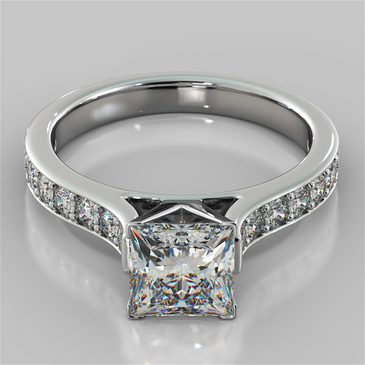 Lab Grown Diamond Princess Cut Cathedral Style Channel Engagement Ring With Accents