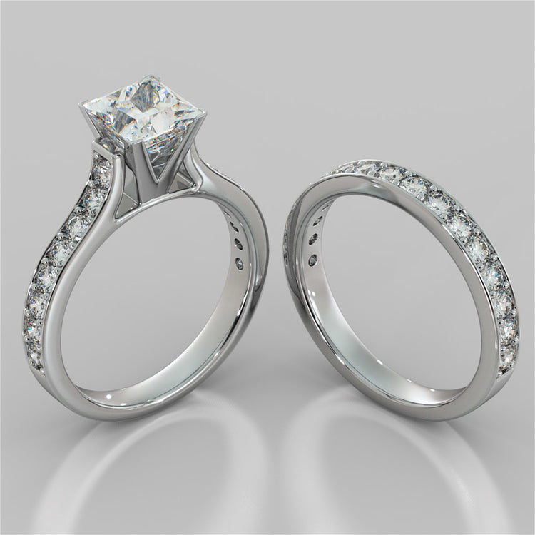 Princess Cut Cathedral Style Channel Engagement Ring With Accents