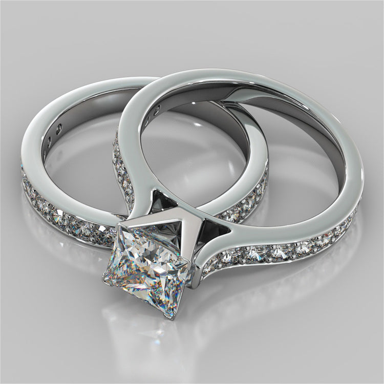 Princess Cut Cathedral Style Channel Engagement Ring With Accents