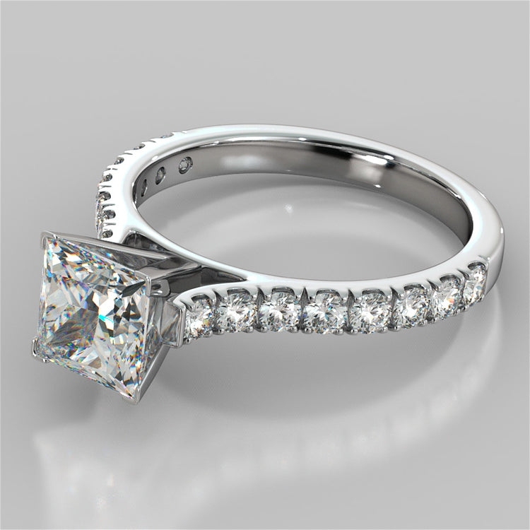 Lab Grown Diamond Princess Cut Cathedral Scallop Style Engagement Ring With Accents