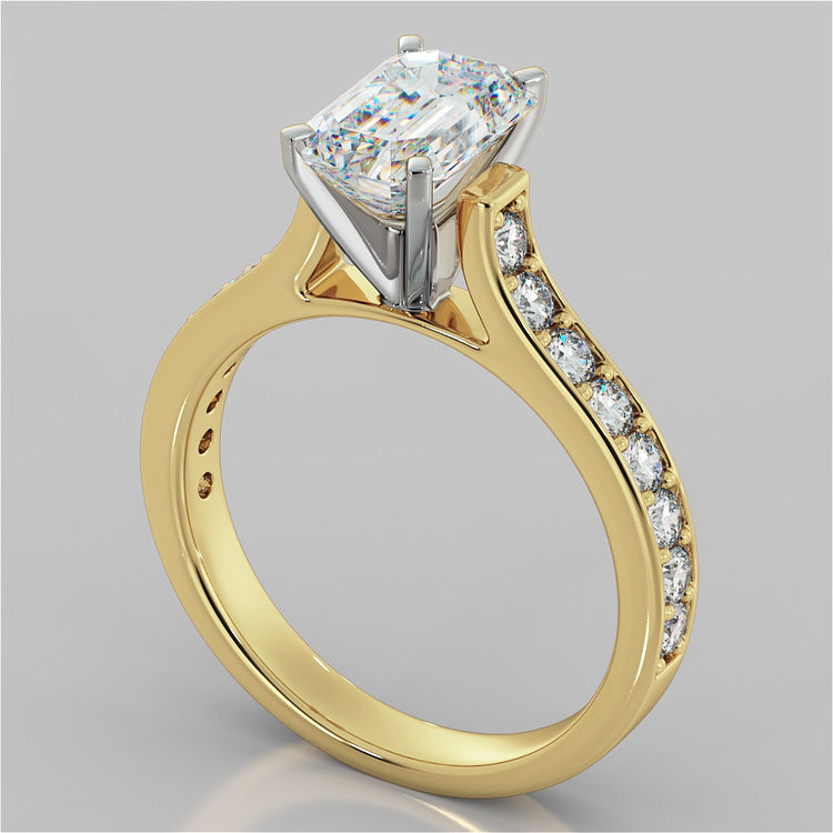 Lab Grown Diamond Emerald Cut Cathedral Style Channel Engagement Ring With Accents