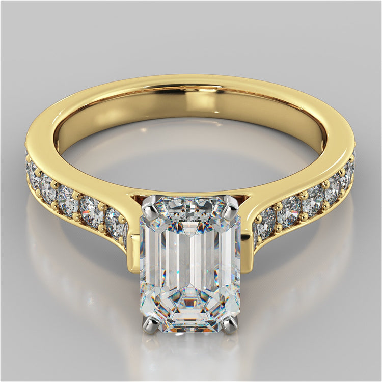 Lab Grown Diamond Emerald Cut Cathedral Style Channel Engagement Ring With Accents