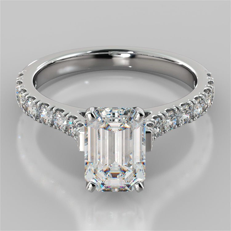 Lab Grown Diamond Emerald Cut Cathedral Scallop Style Engagement Ring With Accents