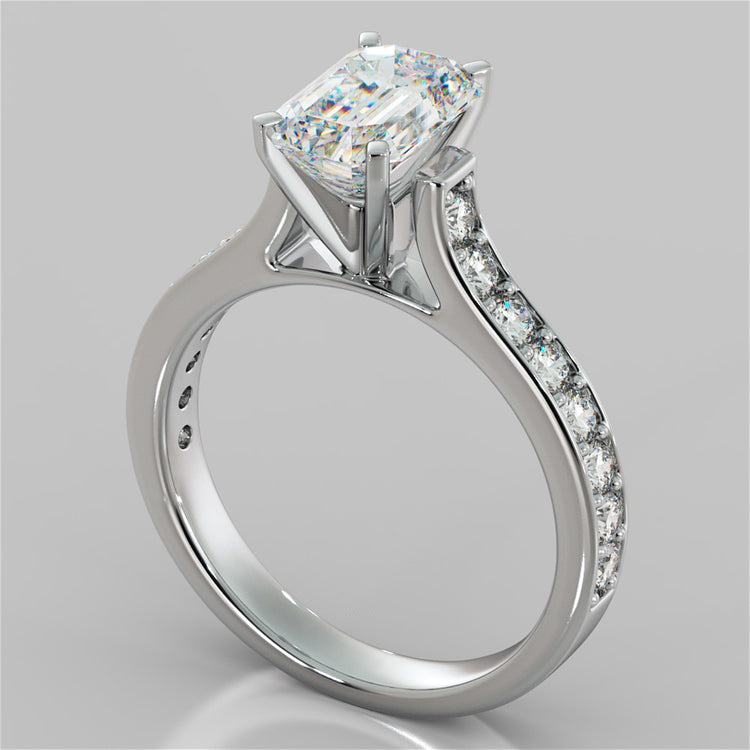 Lab Grown Diamond Emerald Cut Cathedral Style Channel Engagement Ring With Accents