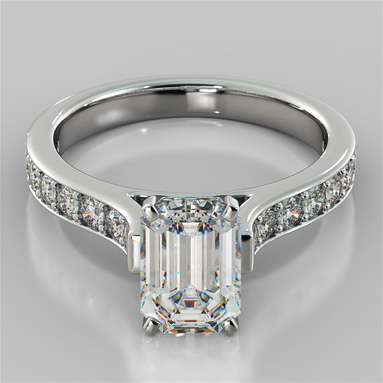 Lab Grown Diamond Emerald Cut Cathedral Style Channel Engagement Ring With Accents