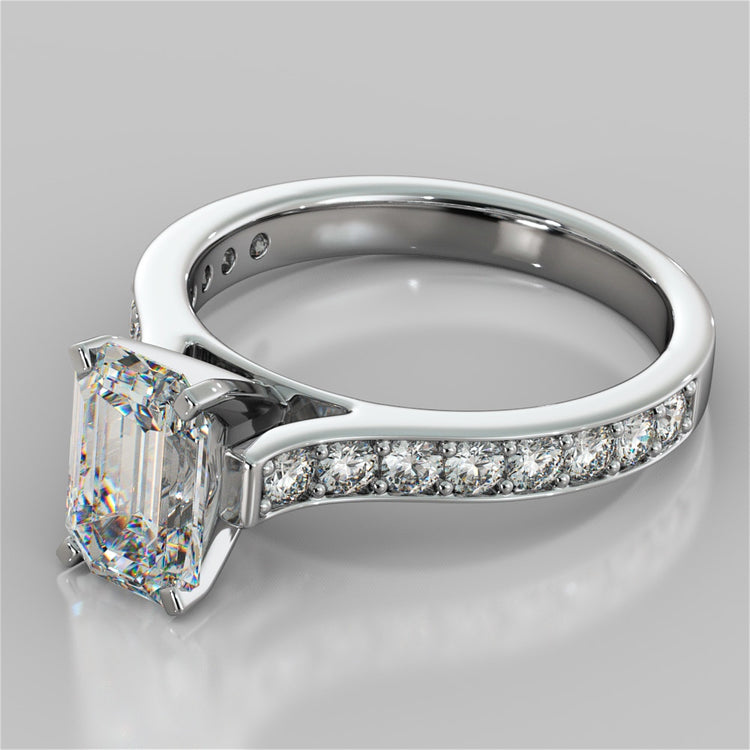 Emerald Cut Cathedral Style Channel Engagement Ring With Accents