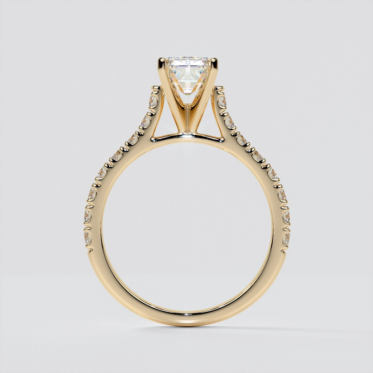 Emerald Cut Cathedral Scallop Style Engagement Ring With Accents