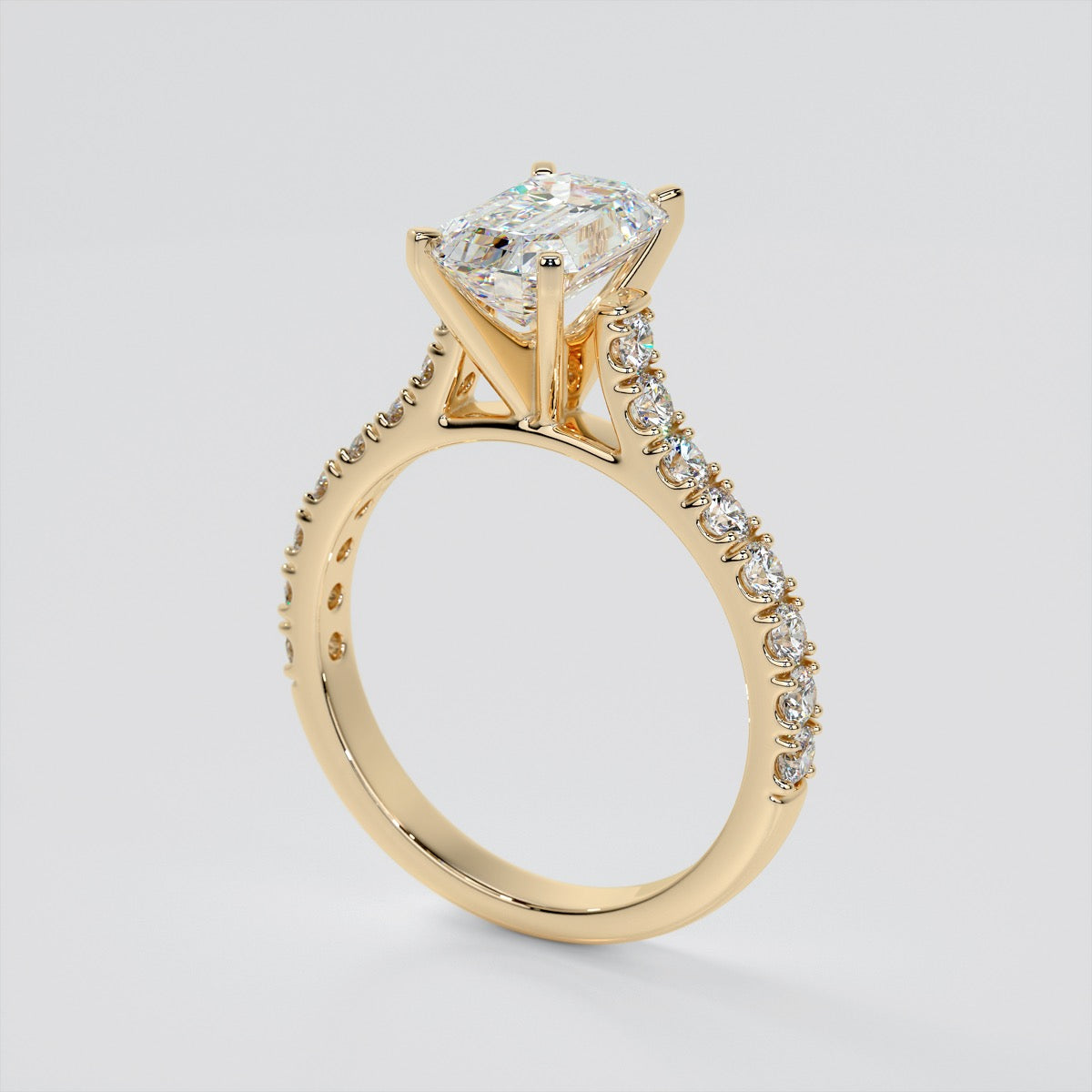 3.0Ct Lab Grown Diamond Emerald Cut Cathedral Scallop Style Engagement Ring With Accents VS1 - E Color