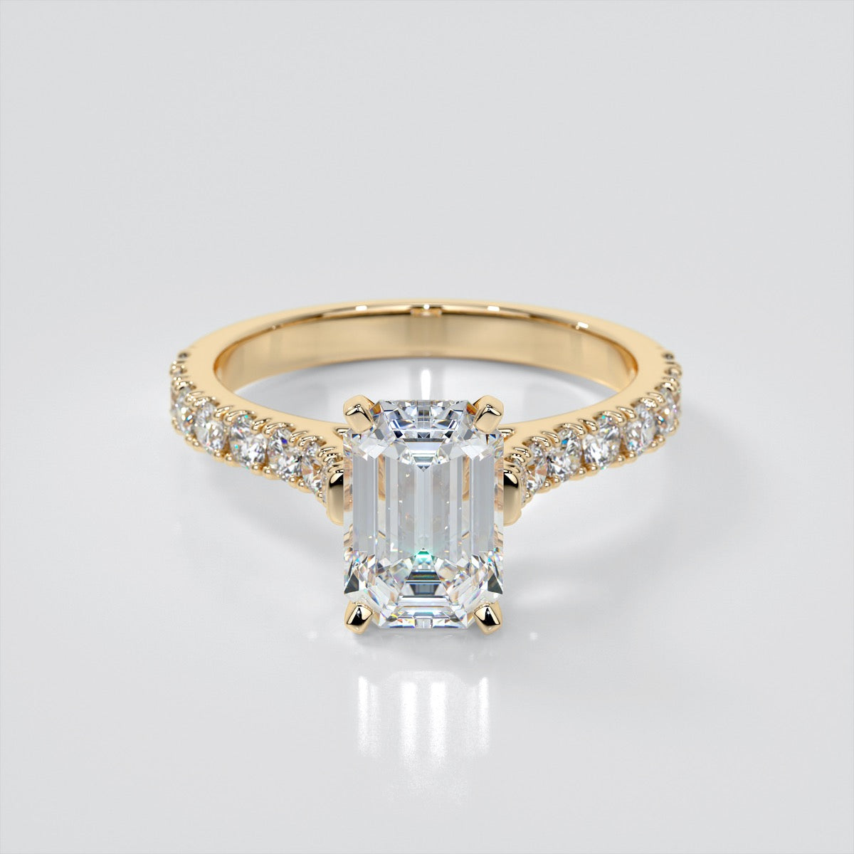 Lab Grown Diamond Emerald Cut Cathedral Scallop Style Engagement Ring With Accents